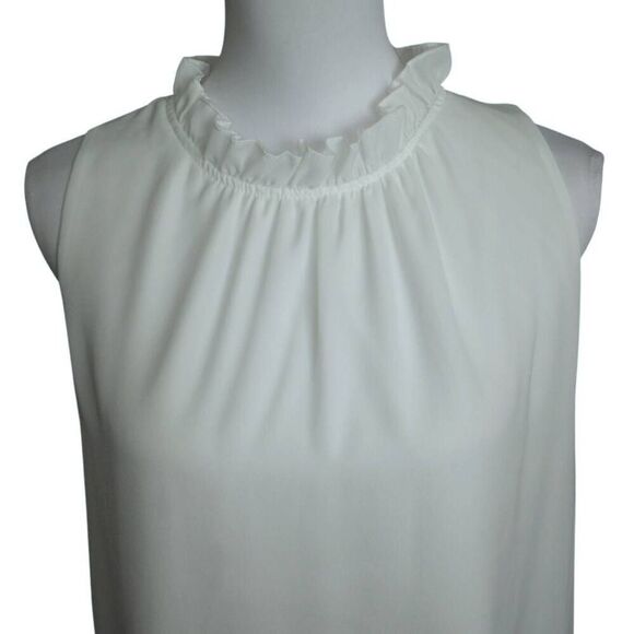 ALLIMY WHITE WOMEN SUMMER RUFFLE TRIM NECKLINE TANK TOPS DOUBLE LINED CHIFFON BL - Picture 6 of 12